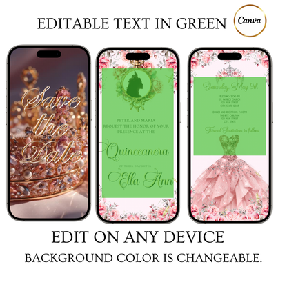 Pink Quinceanera Video Invite | Gold Sweet 15 16 Princess Invite | Editable Canva Evite Template