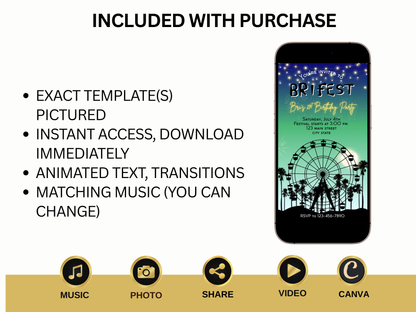 Digital Music Festival Video Invite Coachella Editable Evite Animated Ferris Wheel Mobile Invitation Green and Blue