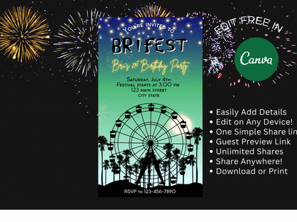 Digital Music Festival Video Invite Coachella Editable Evite Animated Ferris Wheel Mobile Invitation Green and Blue