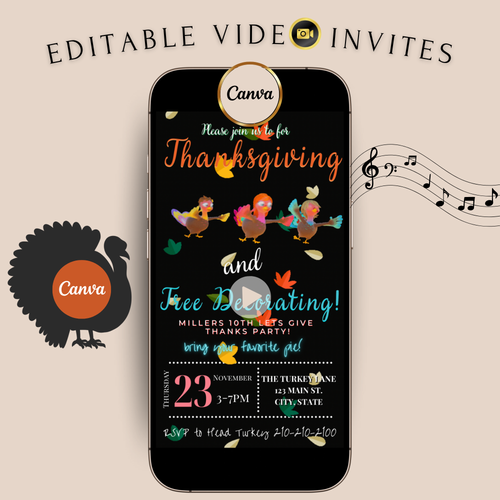 Editable Thanksgiving Video Invitation | Animated Friendsgiving Digital Evite | Canva Invite Template