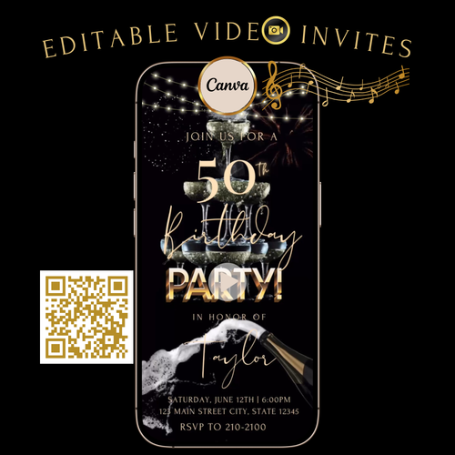 Elegant black and gold animated video invitation featuring a champagne tower with sparkling lights and fireworks, perfect for 50th birthday, glam celebrations, anniversaries, retirement parties, or bachelorette events. Editable Canva template in 1080x1920 vertical format.