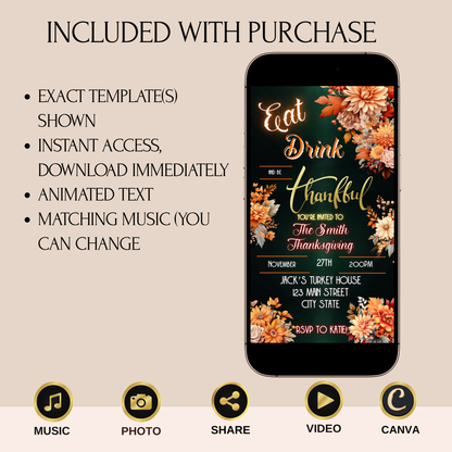 Editable Thanksgiving Video Invitation – Eat, Drink and Be Thankful
