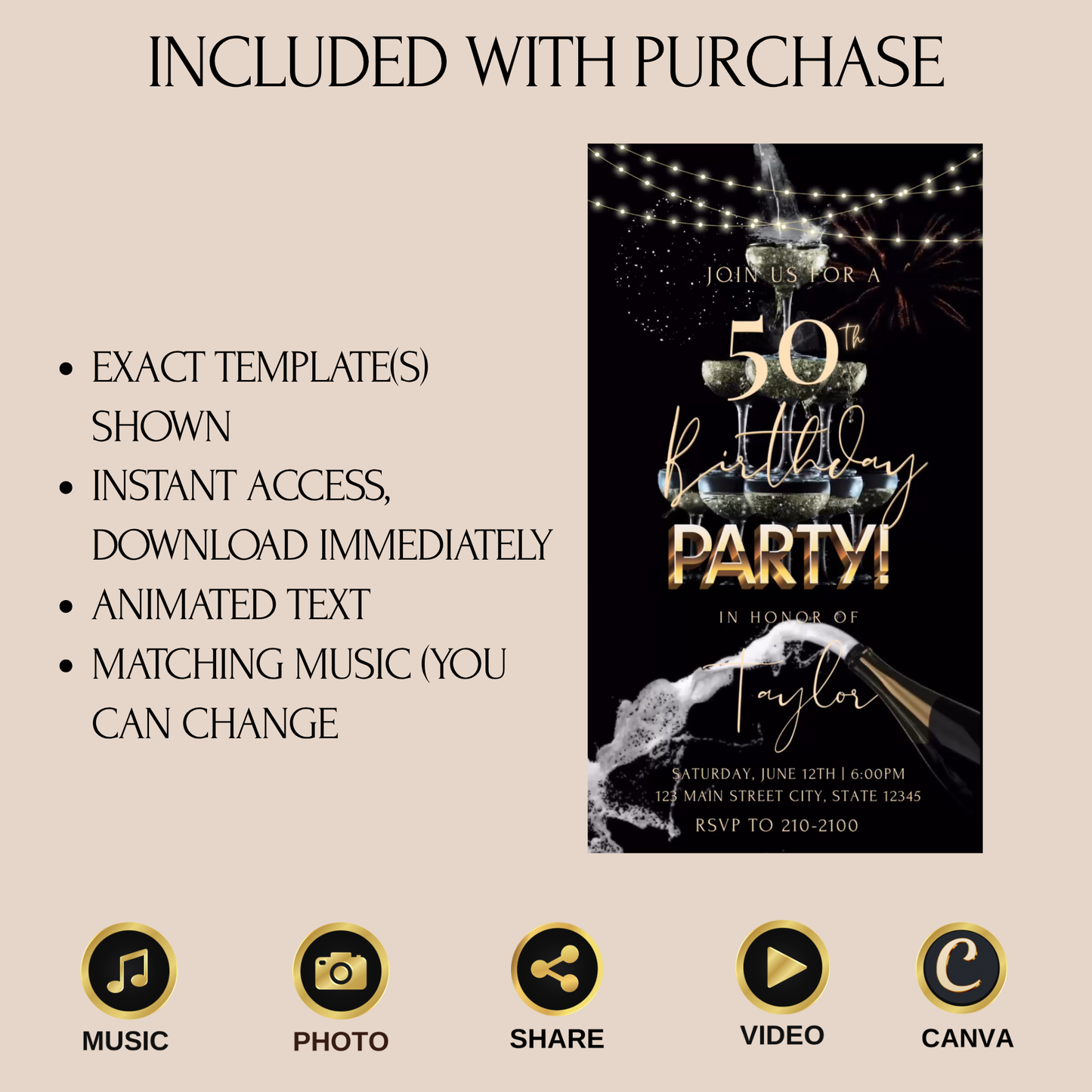 Elegant black and gold animated video invitation featuring a champagne tower with sparkling lights and fireworks, perfect for 50th birthday, glam celebrations, anniversaries, retirement parties, or bachelorette events. Editable Canva template in 1080x1920 vertical format.