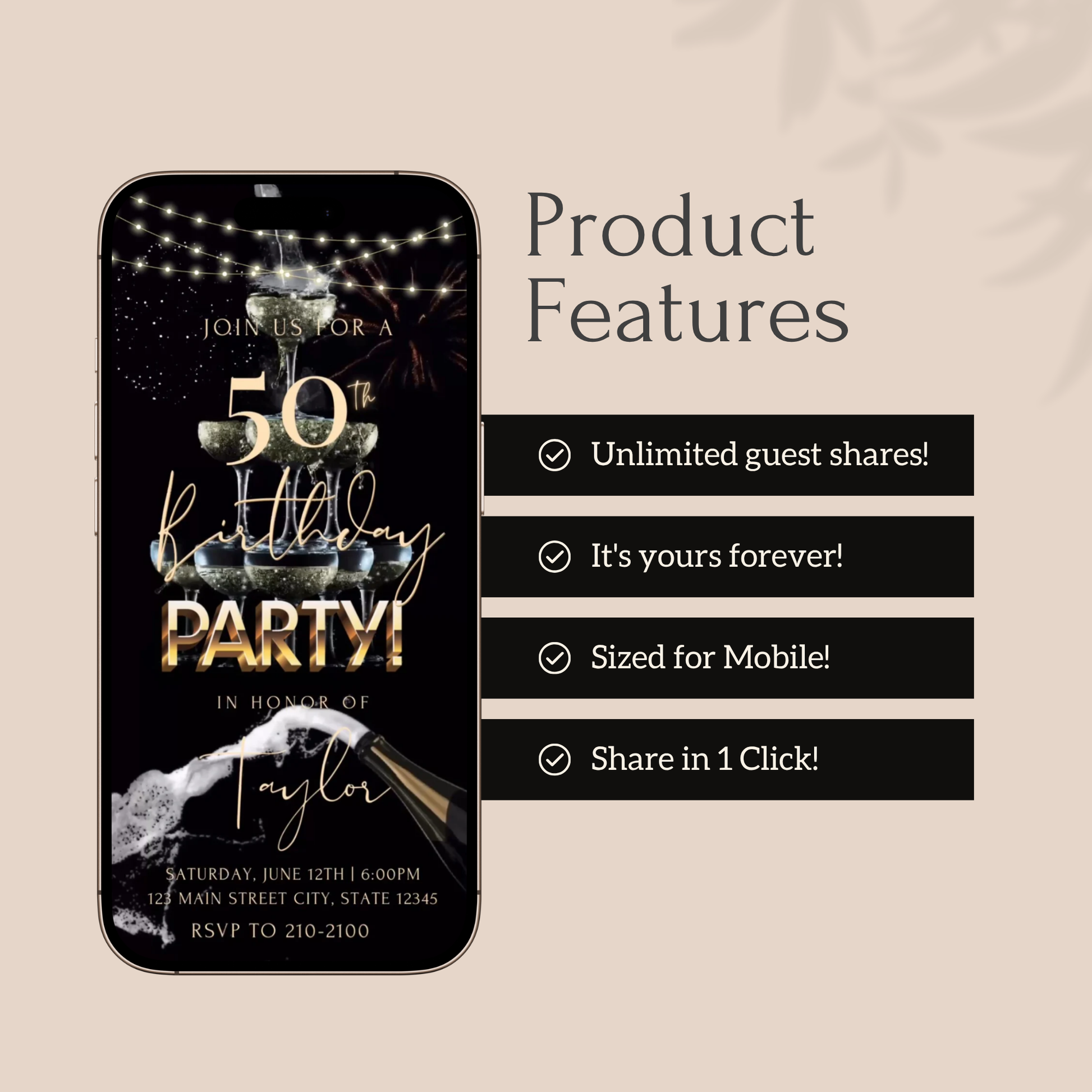 Elegant black and gold animated video invitation featuring a champagne tower with sparkling lights and fireworks, perfect for 50th birthday, glam celebrations, anniversaries, retirement parties, or bachelorette events. Editable Canva template in 1080x1920 vertical format.