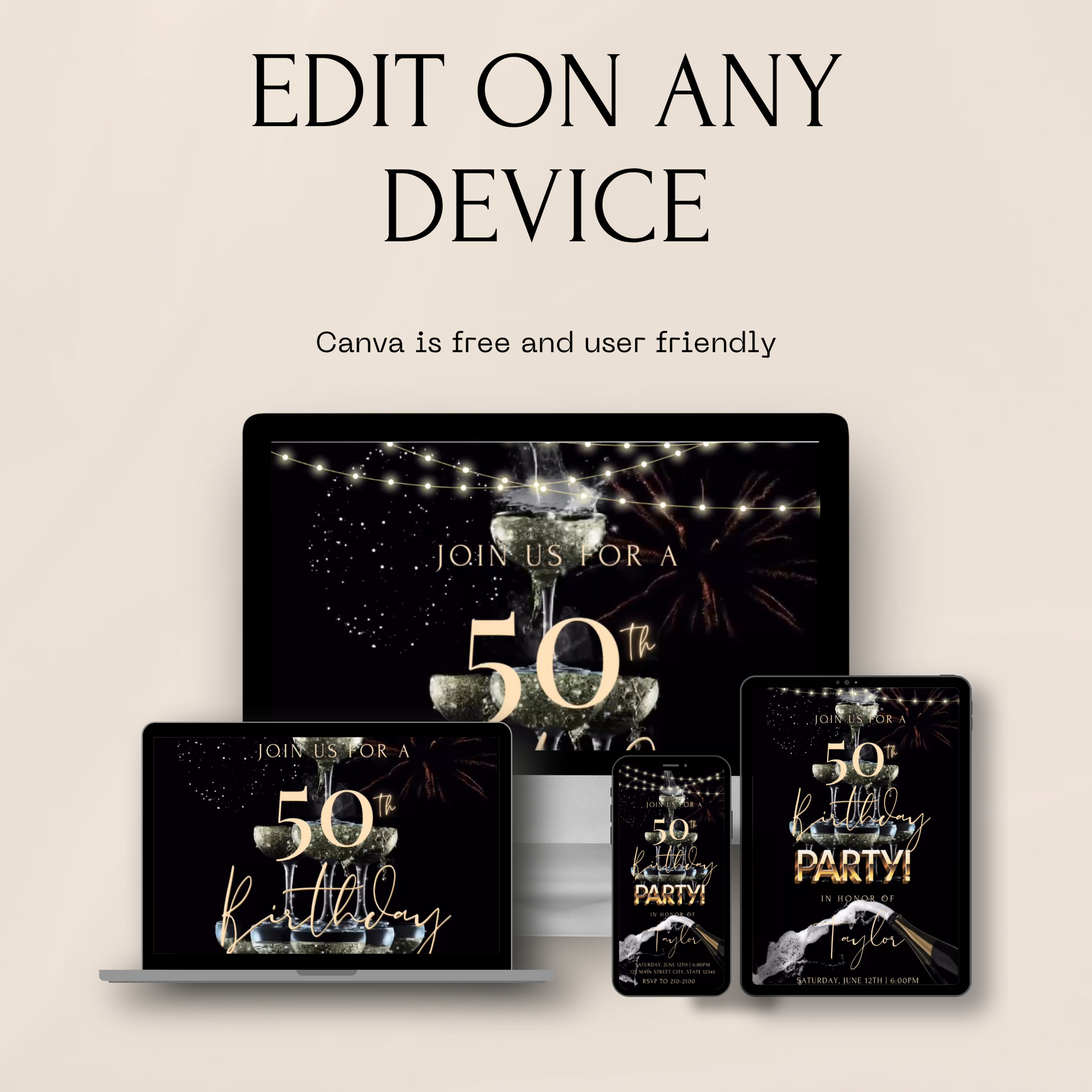 Elegant black and gold animated video invitation featuring a champagne tower with sparkling lights and fireworks, perfect for 50th birthday, glam celebrations, anniversaries, retirement parties, or bachelorette events. Editable Canva template in 1080x1920 vertical format.