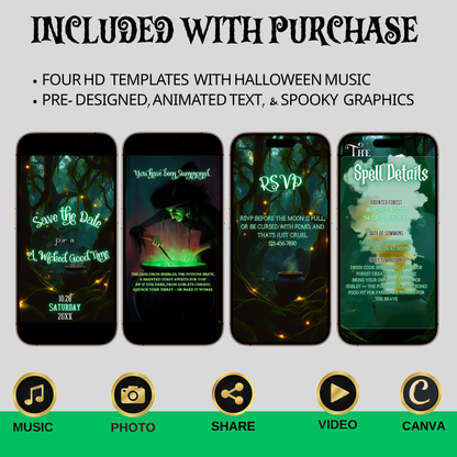 Witch Video Invitation - Halloween Party Evite - Green Witch Cauldron Party Mobile Evite