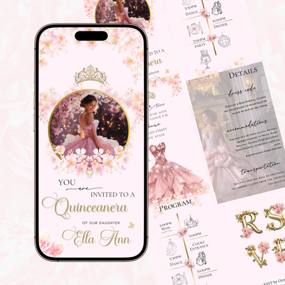 Pink Quinceanera Video Invite Animated Sweet 15 Quince Mobile Evite with RSVP and Music