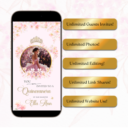 Editable pink Quinceañera and Sweet 16 video invitation template with music, RSVP, and floral gold princess design. Perfect for teens celebrating their milestone birthday. Fully customizable in Canva with your photo, event details, and song choice. Vertical mobile format for texting, emailing, or sharing on social media. Elegant, feminine, and easy to personalize.