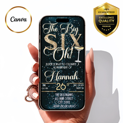 60th Birthday glitter video invite | Editable Gold Glam Sixty Canva Template
