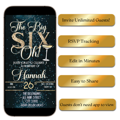 60th Birthday glitter video invite | Editable Gold Glam Sixty Canva Template