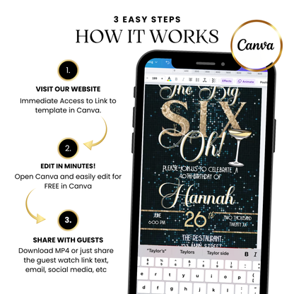 60th Birthday glitter video invite | Editable Gold Glam Sixty Canva Template
