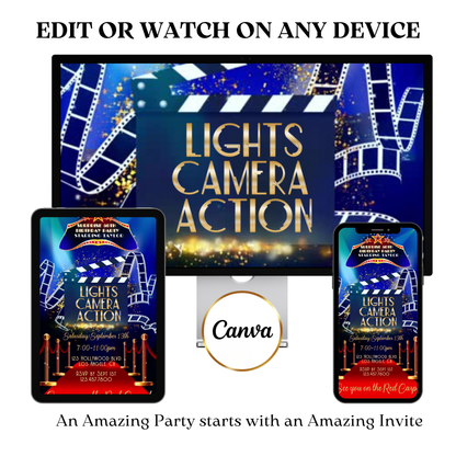 Hollywood Dinner Party Video Invitation | Movie Night Invite | Editable Online Party Invitation