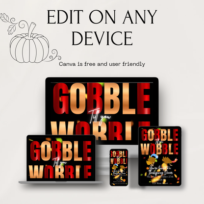 Editable Thanksgiving Video Invitation – Gobble till you Wobble Turkey Friendsgiving Digital Evite