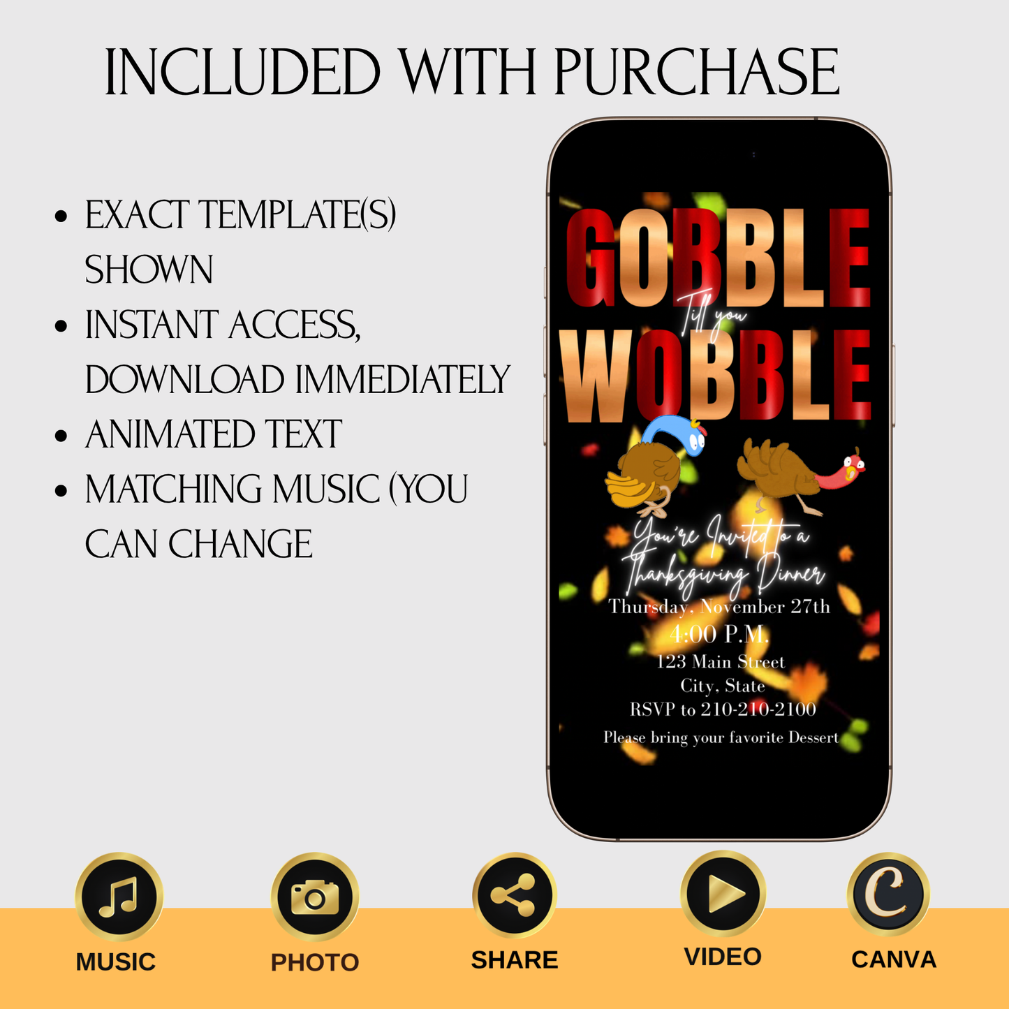 Editable Thanksgiving Video Invitation – Gobble till you Wobble Turkey Friendsgiving Digital Evite