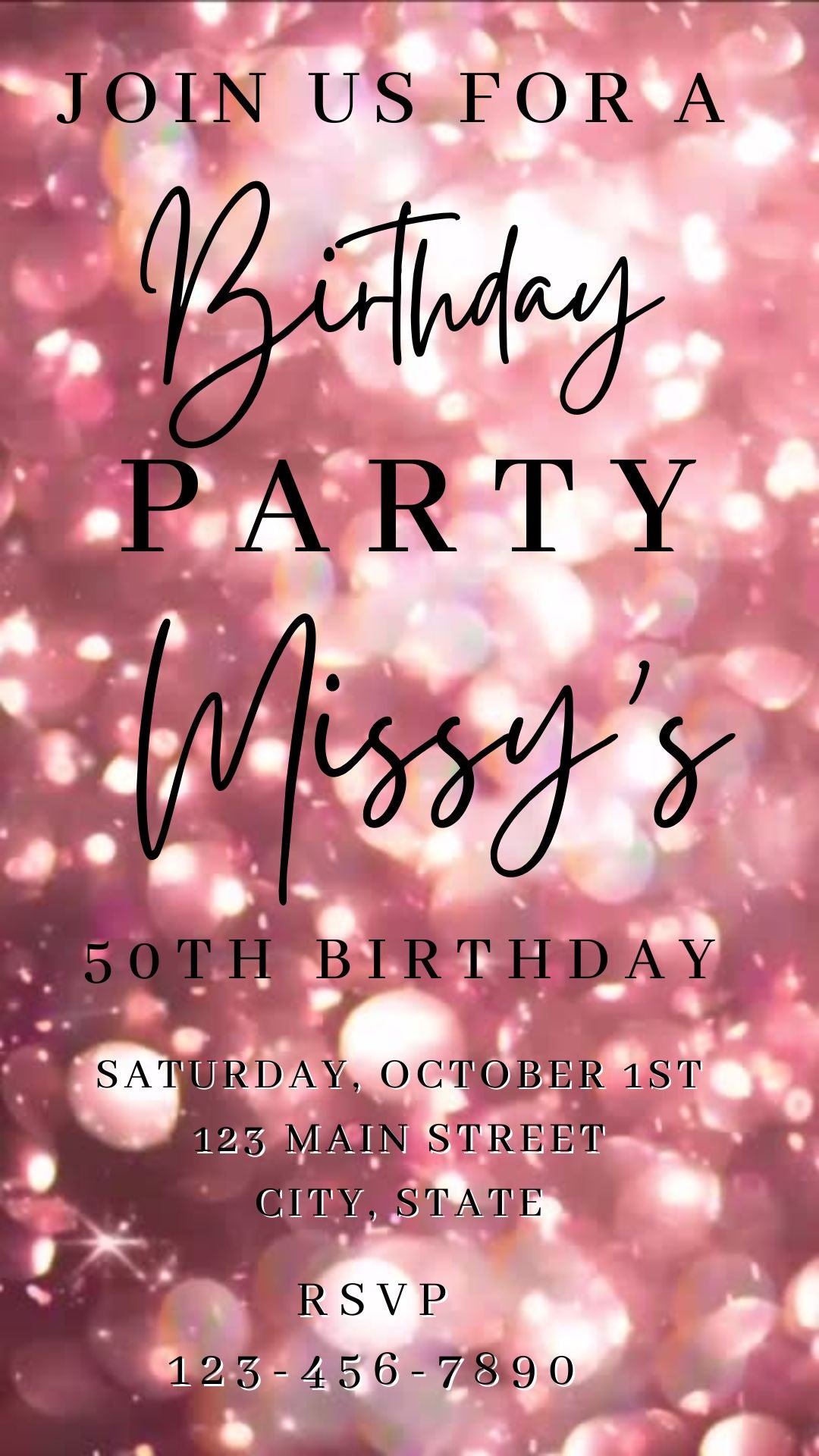 Editable rose gold bokeh 50th birthday birthday video invitation displayed on a mobile phone, featuring an animated vertical digital invite with music, created in Canva. This premium video invitation template is designed for sharing by text, email, and social media and works with an interactive RSVP website for easy guest response tracking.