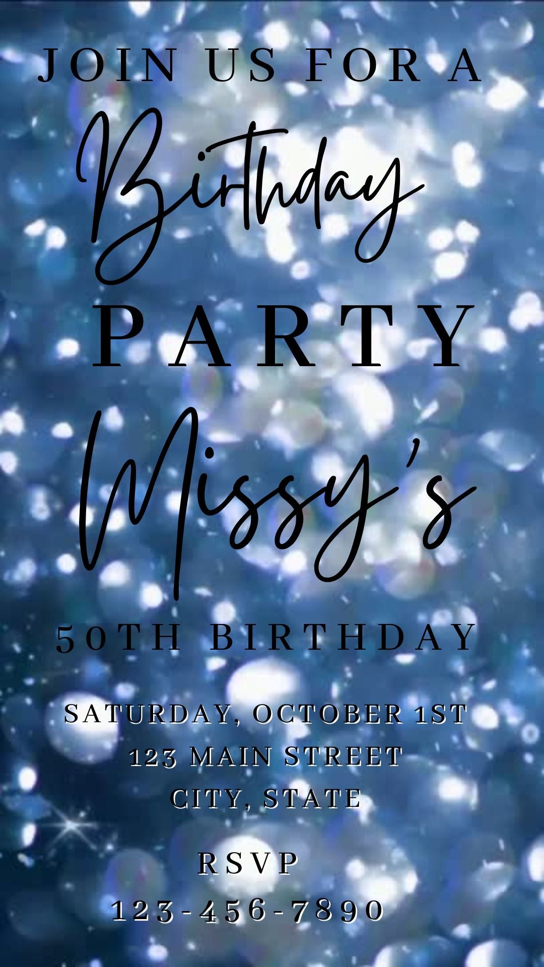 Editable blue bokeh 50th birthday birthday video invitation displayed on a mobile phone, featuring an animated vertical digital invite with music, created in Canva. This premium video invitation template is designed for sharing by text, email, and social media and works with an interactive RSVP website for easy guest response tracking.