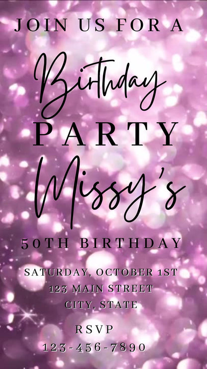 Editable lavender bokeh 50th birthday birthday video invitation displayed on a mobile phone, featuring an animated vertical digital invite with music, created in Canva. This premium video invitation template is designed for sharing by text, email, and social media and works with an interactive RSVP website for easy guest response tracking.