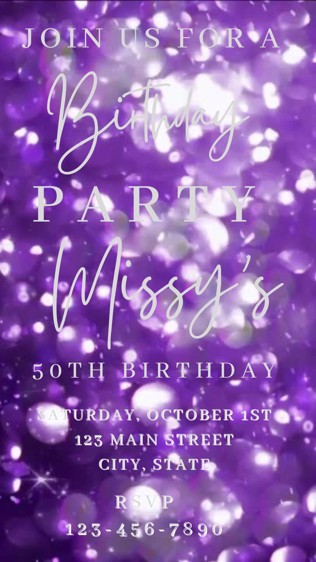 Editable purple bokeh 50th birthday birthday video invitation displayed on a mobile phone, featuring an animated vertical digital invite with music, created in Canva. This premium video invitation template is designed for sharing by text, email, and social media and works with an interactive RSVP website for easy guest response tracking.