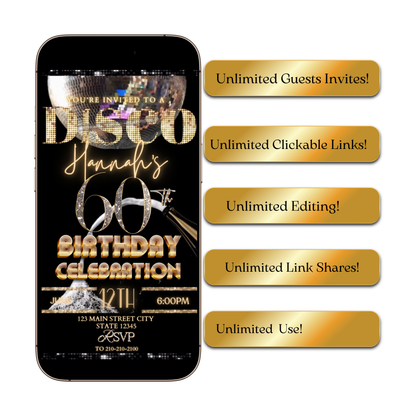 Disco 60th Birthday Party Video Invitation | Champagne Disco Theme Digital Evite | Editable Canva Template