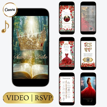 Videoeinladung zur Quinceañera mit roten Rosen | Digitale Einladung zur Quinceañera | Bearbeitbare Canva-Vorlage