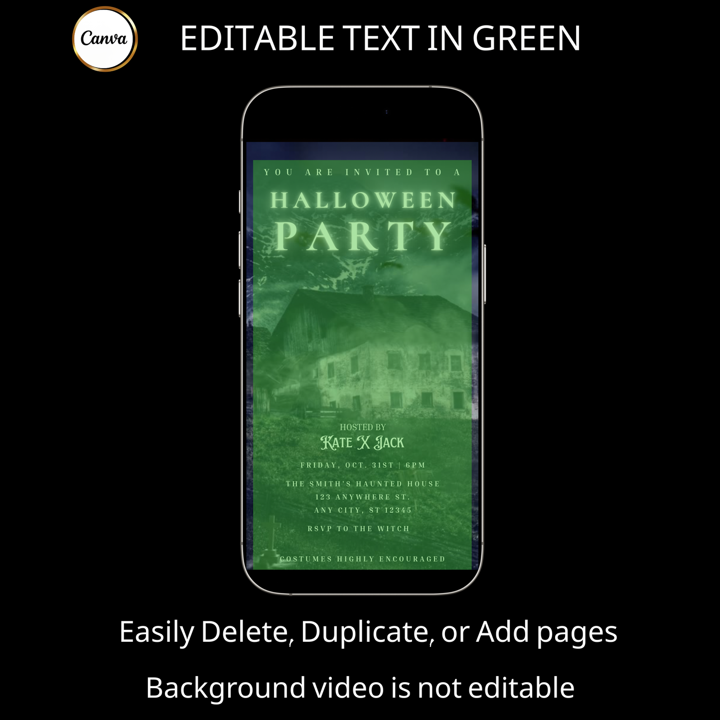 Halloween-Videoeinladung, animierte Einladung zur Spukscheune, bearbeitbare mobile Halloween-Partyeinladung