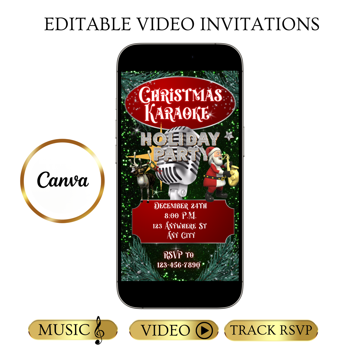 Christmas Karaoke Party Video Invitation | Animated Holiday Party Digital Evite | Editable Canva Invite Template