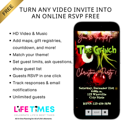 The Grinch Video Invitation | Digital Christmas Invite | Editable Canva Template