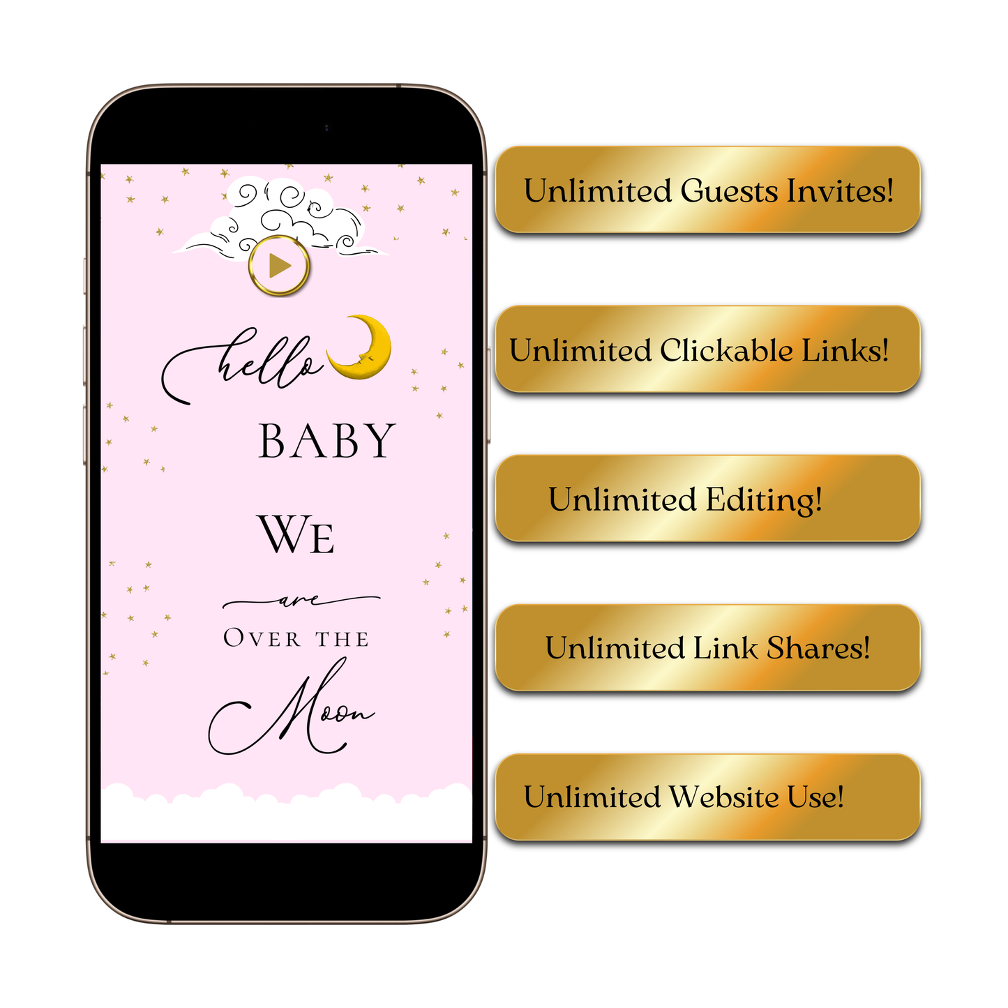 Over the Moon Baby Shower Mini Website | Canva Editable Template | Its a Girl Video Invite