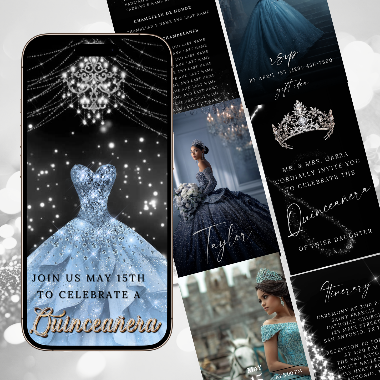 Silver Quinceanera Video Invite | Animated Sweet 15 16 Quince Evite | Editable Canva Evite Template