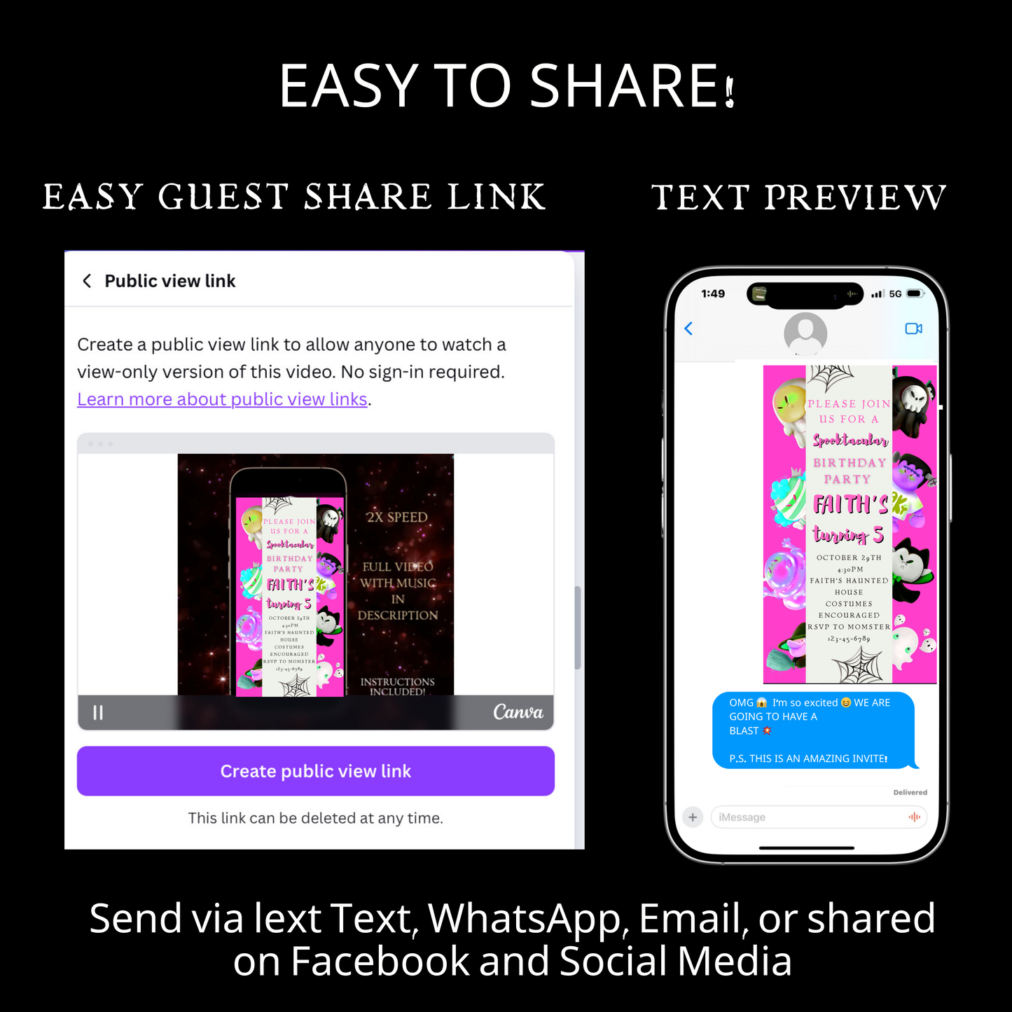 Halloween-Videoeinladung, animierte Einladung „Pink Little Monsters“, bearbeitbare mobile Einladung zur Halloween-Party
