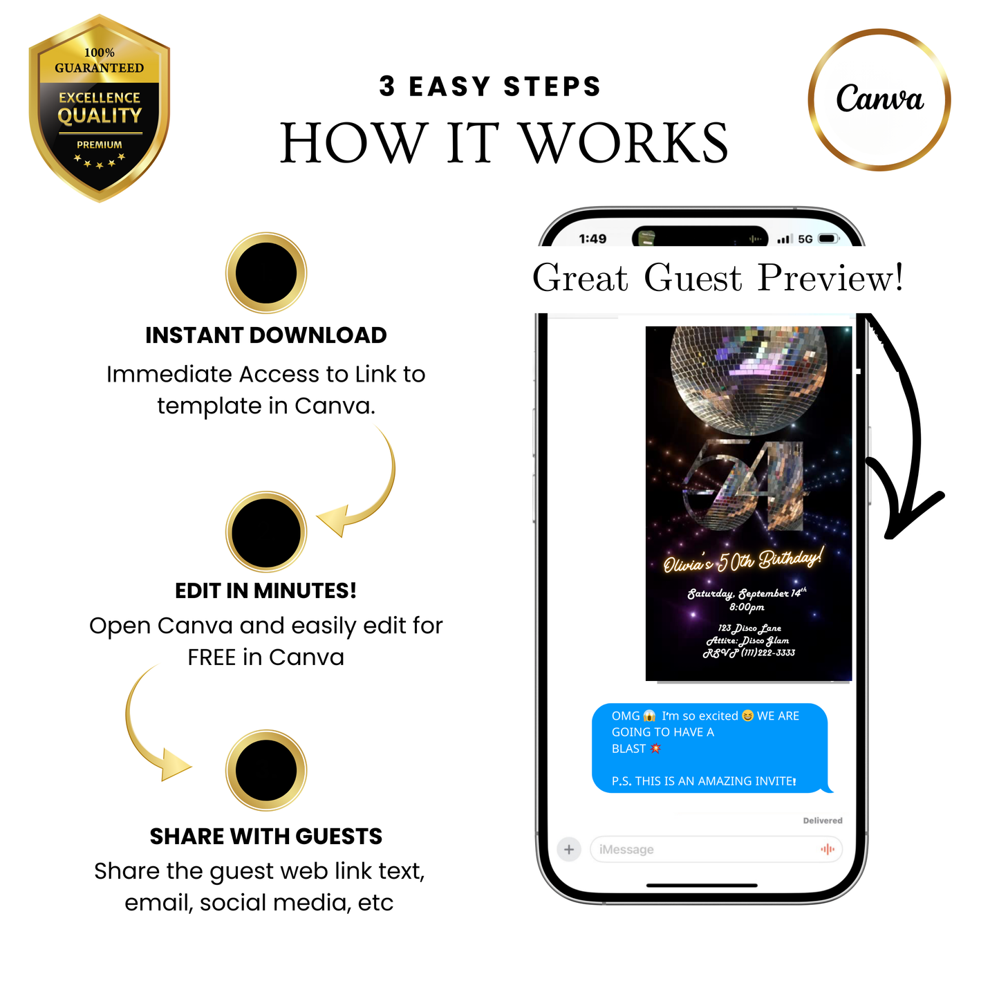 Studio 54 Video Invitation | Animated Disco Birthday Digital Evite | Editable Canva Invite Template