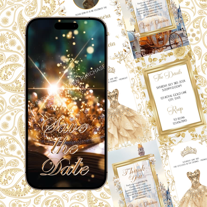 White and Gold Quinceañera Invitation | Royal Princess Video Invite with RSVP Website | Editable Canva Template | Elegant Gold Dress Sweet 16 Digital Evite