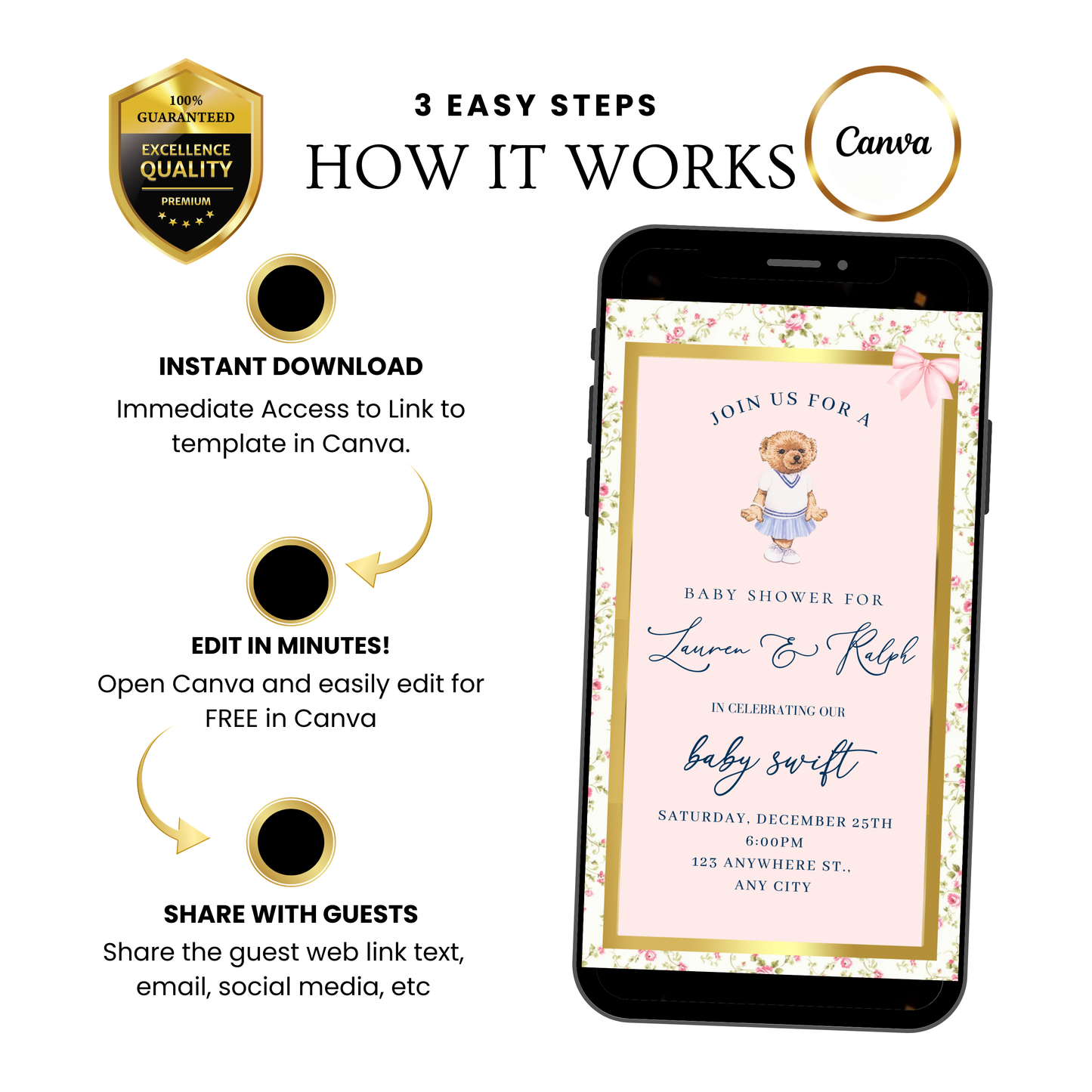 Pink Polo Bear Video Invitation | Digital Preppy Pink Spring RSVP Tracker Invite | Editable Canva Template