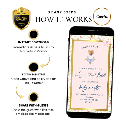 Pink Polo Bear Video Invitation | Digital Preppy Pink Spring RSVP Tracker Invite | Editable Canva Template