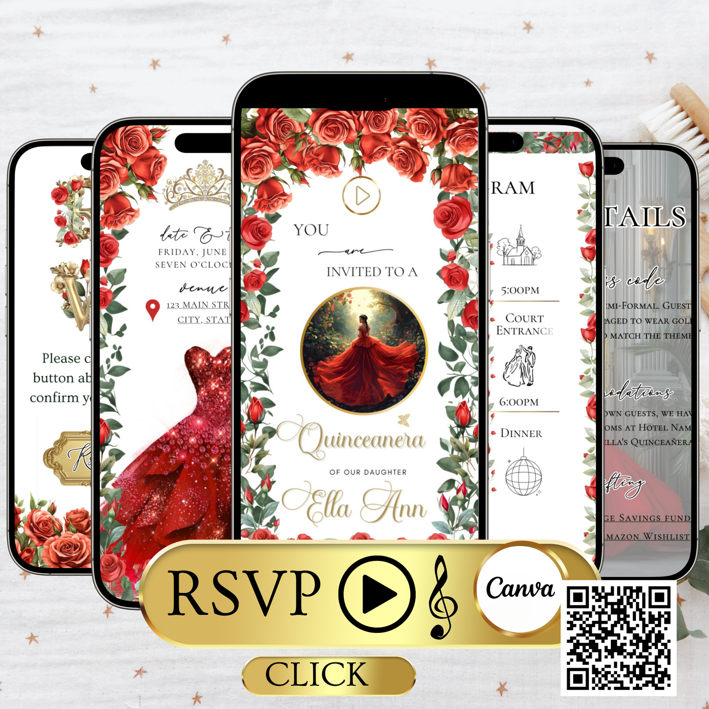 Einladung zur Quinceañera mit roten Rosen | Einladung zur Sweet 15/16 mit RSVP-Tracking | Canva-Vorlage