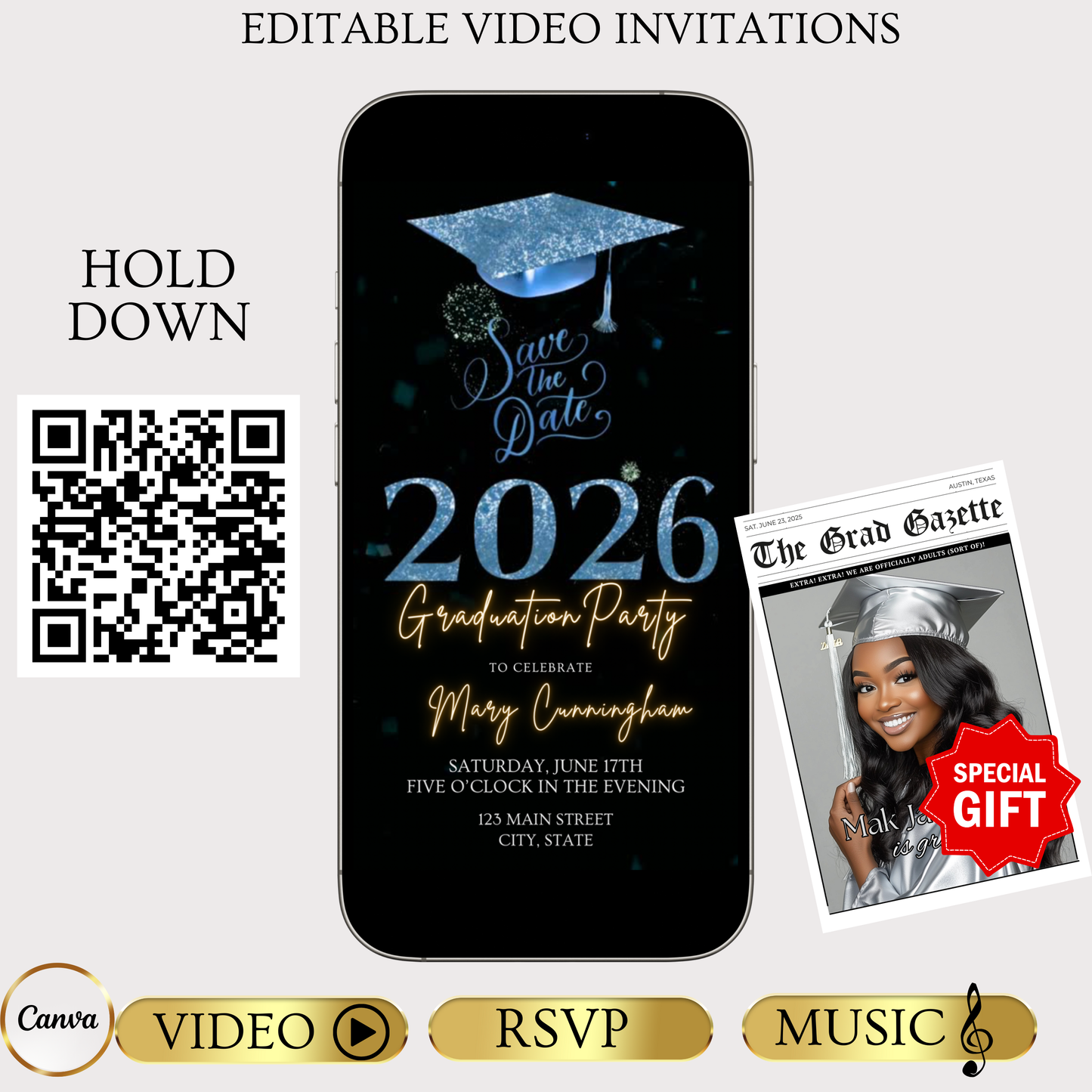 Blue Graduation Party Video Invitation | Class of 2026 Photo Invite | Editable Online RSVP Evite Canva Template