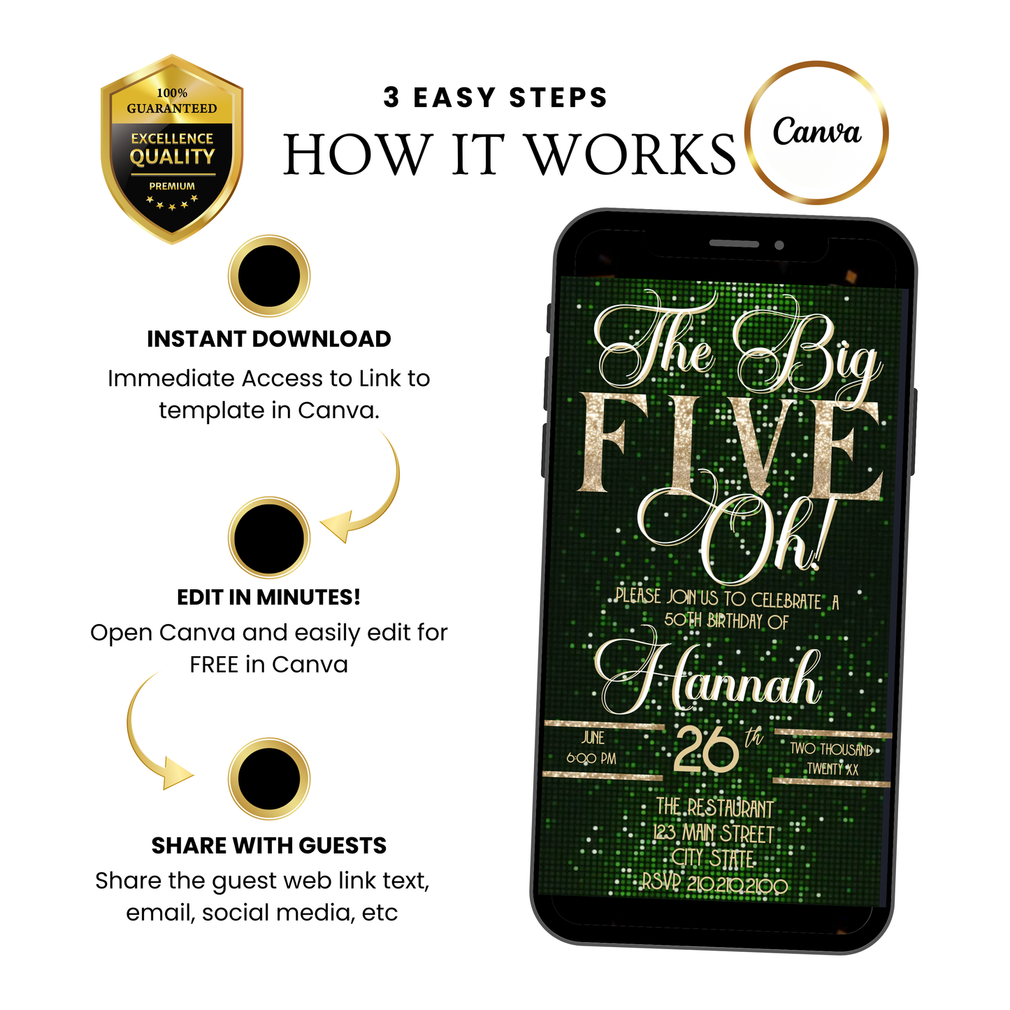 Green and Gold 50th Birthday Video Invitation –  RSVP tracking website - Editable Canva Animated Invite