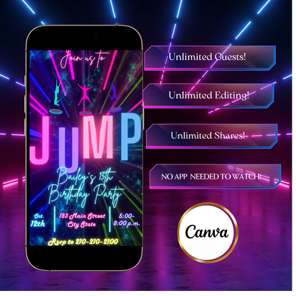 Neon Jump Celebration Video-Einladung | Digitale Glow-Party-Einladung | Bearbeitbare Canva-Einladungsvorlage