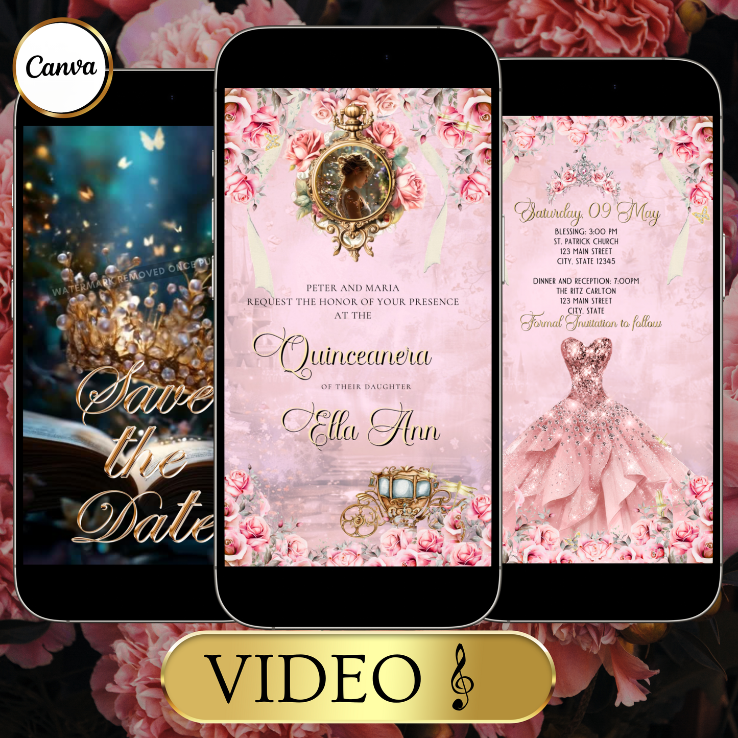 Pink Quinceañera Video Invitation | Digital Royal Sweet 15 16 Animated Invite | Editable Canva Template