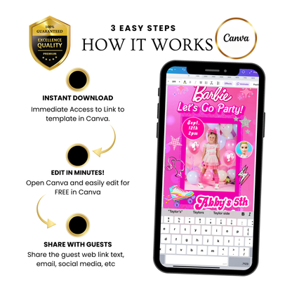 Editable Barbie Video Invitation | Animated Pink Barbie Digital Evite | Editable Canva Invite Template