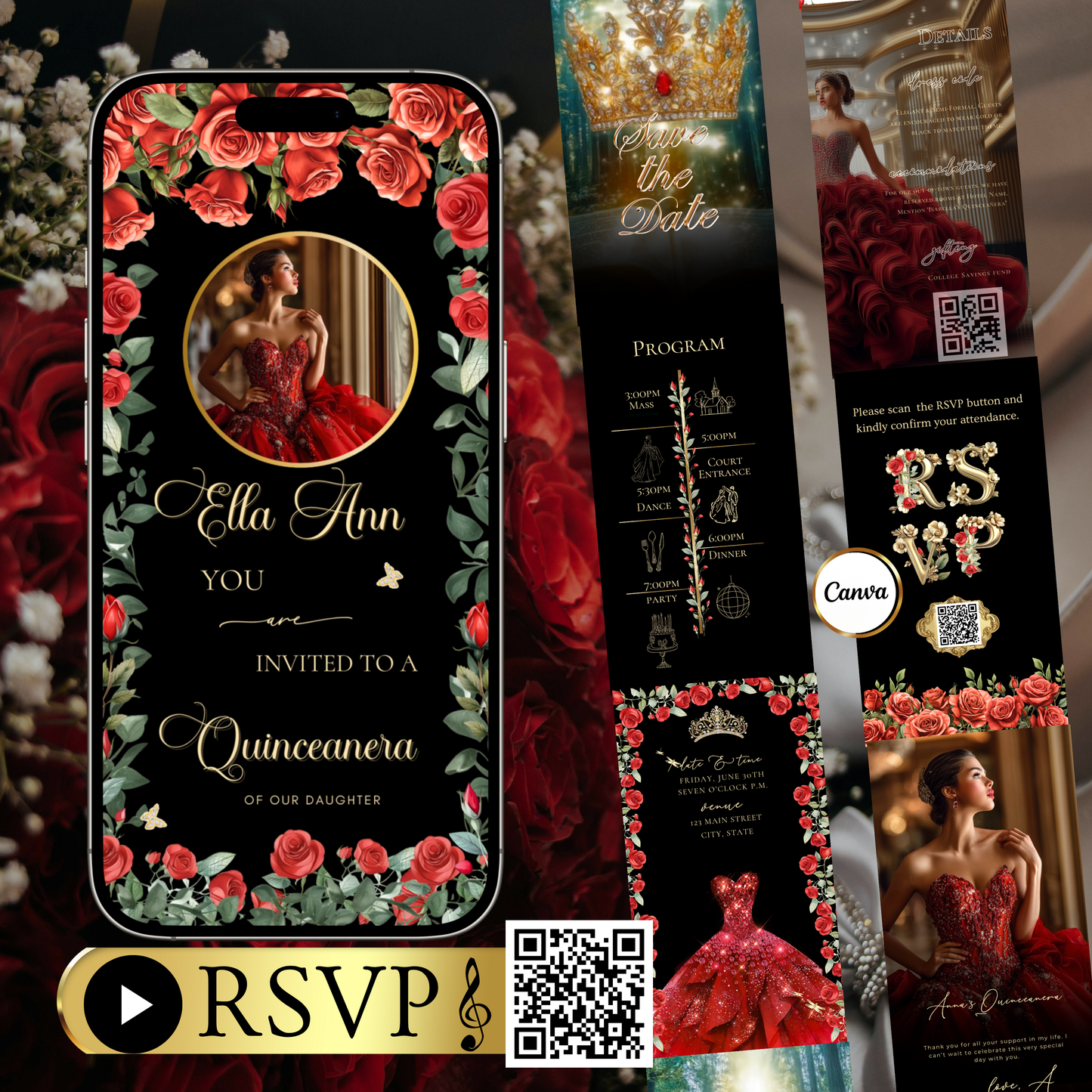 Videoeinladung zur Quinceañera mit roten Rosen | Digitale Einladung zum 15. Geburtstag | Bearbeitbare Canva-Vorlage