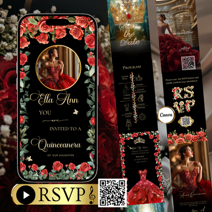 Videoeinladung zur Quinceañera mit roten Rosen | Digitale Einladung zum 15. Geburtstag | Bearbeitbare Canva-Vorlage