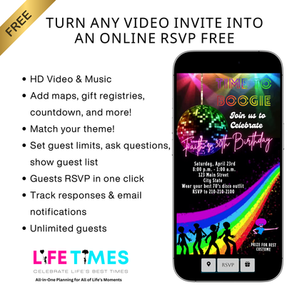 Einladung zur Regenbogen-Disco, bearbeitbare Video-Einladung mit Discokugel