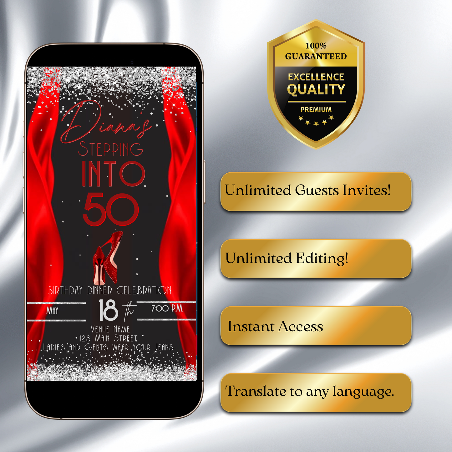 Stepping Into My Birthday Video Invite | Red Heel Birthday Digital Evite | Editable Canva Invite Template