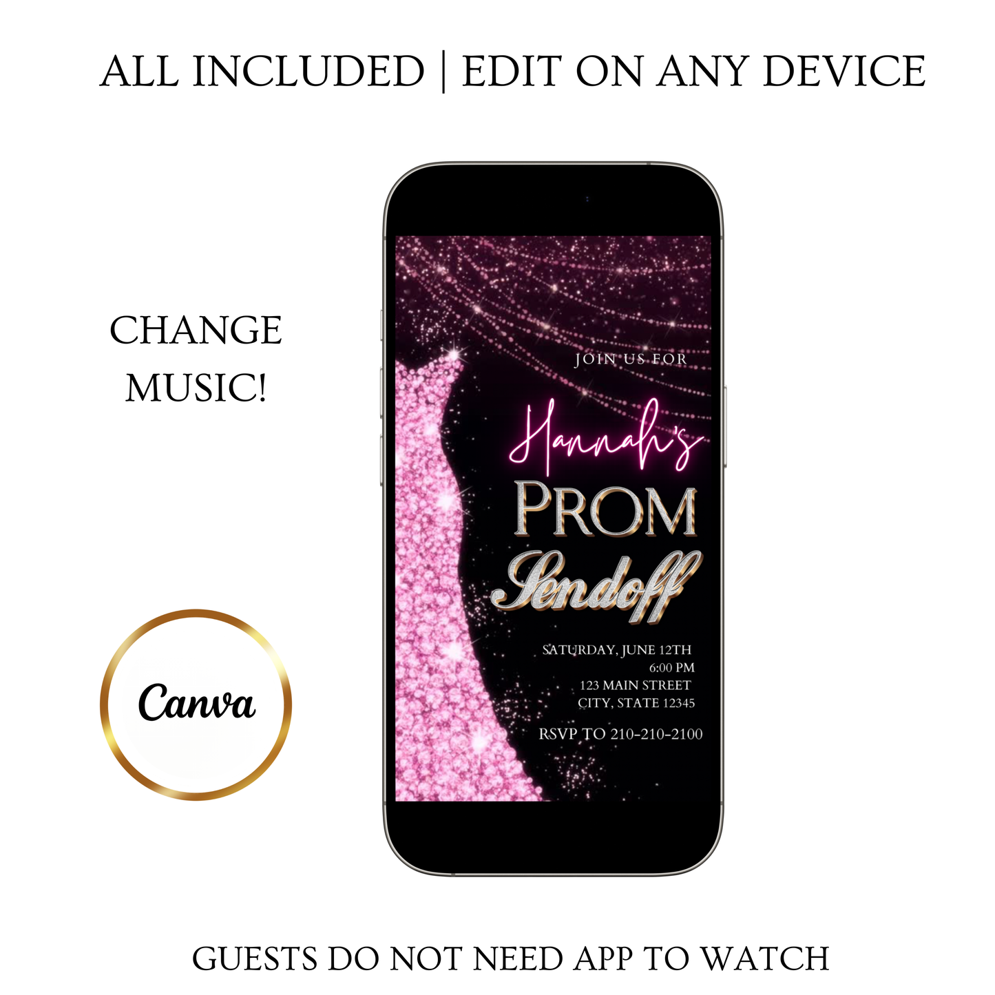 Pink Prom Send Off Video Invitation – Editable Canva Animated Invite