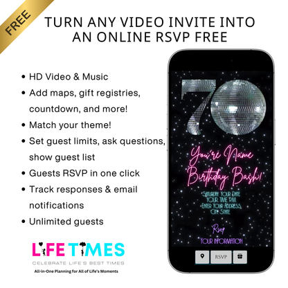 70th Birthday Party Video Invitation | Animated Disco Digital Evite | Editable Canva Invite Template