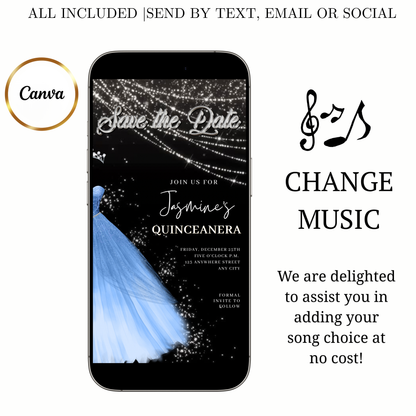 Baby Blue Quinceanera Video Invite | Sweet 15 16 Quince RSVP Tracker | Editable Canva Evite Template