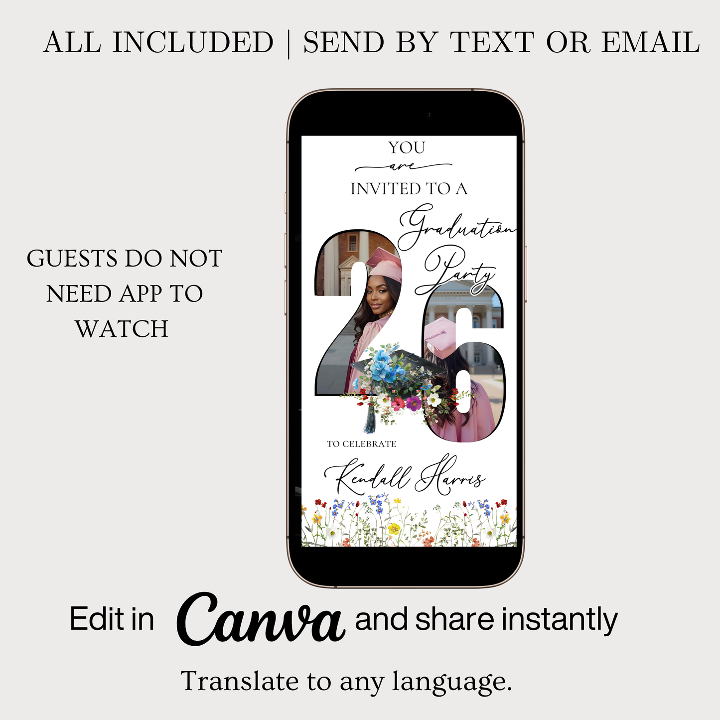 Wildflower Graduation Party Video Invitation | Spring Floral Graduation Invite for Her | Editable Online RSVP Evite Canva Template