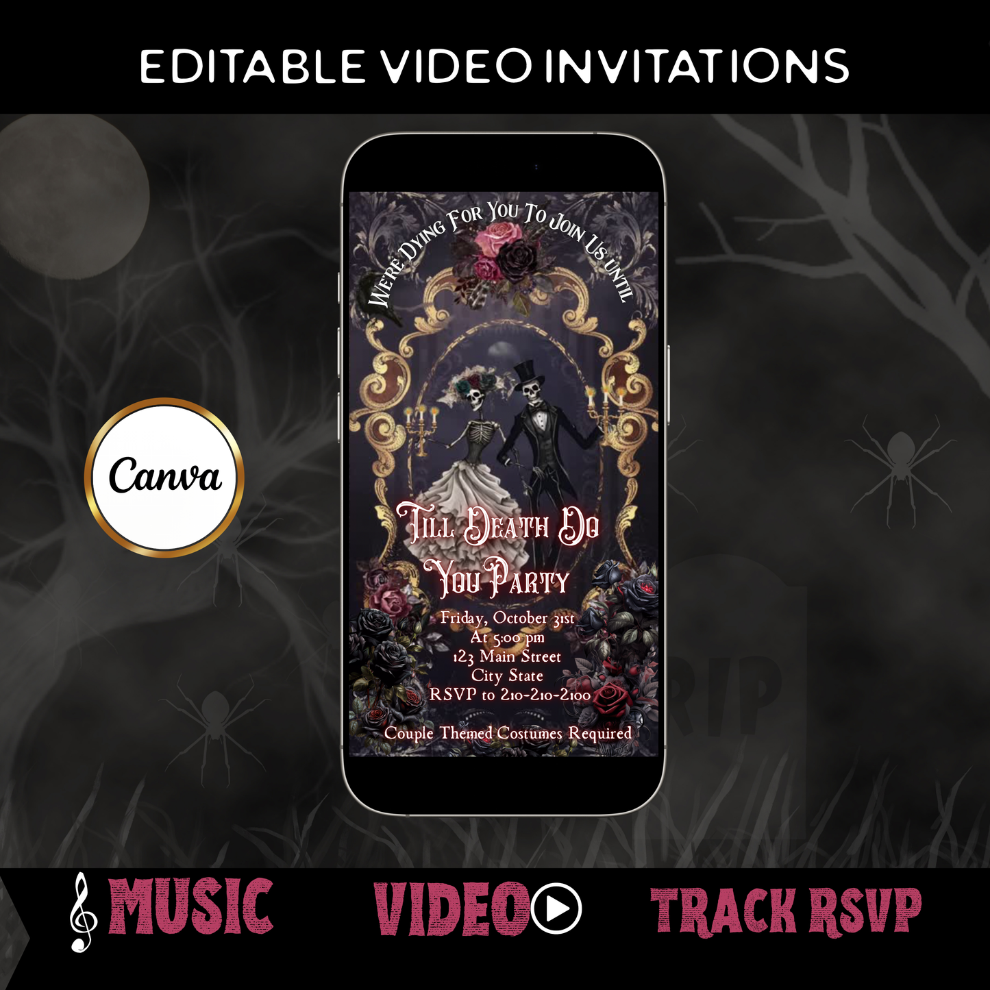 Halloween-Videoeinladung, animierte Halloween-Hochzeitseinladung, bearbeitbare mobile Halloween-Partyeinladung