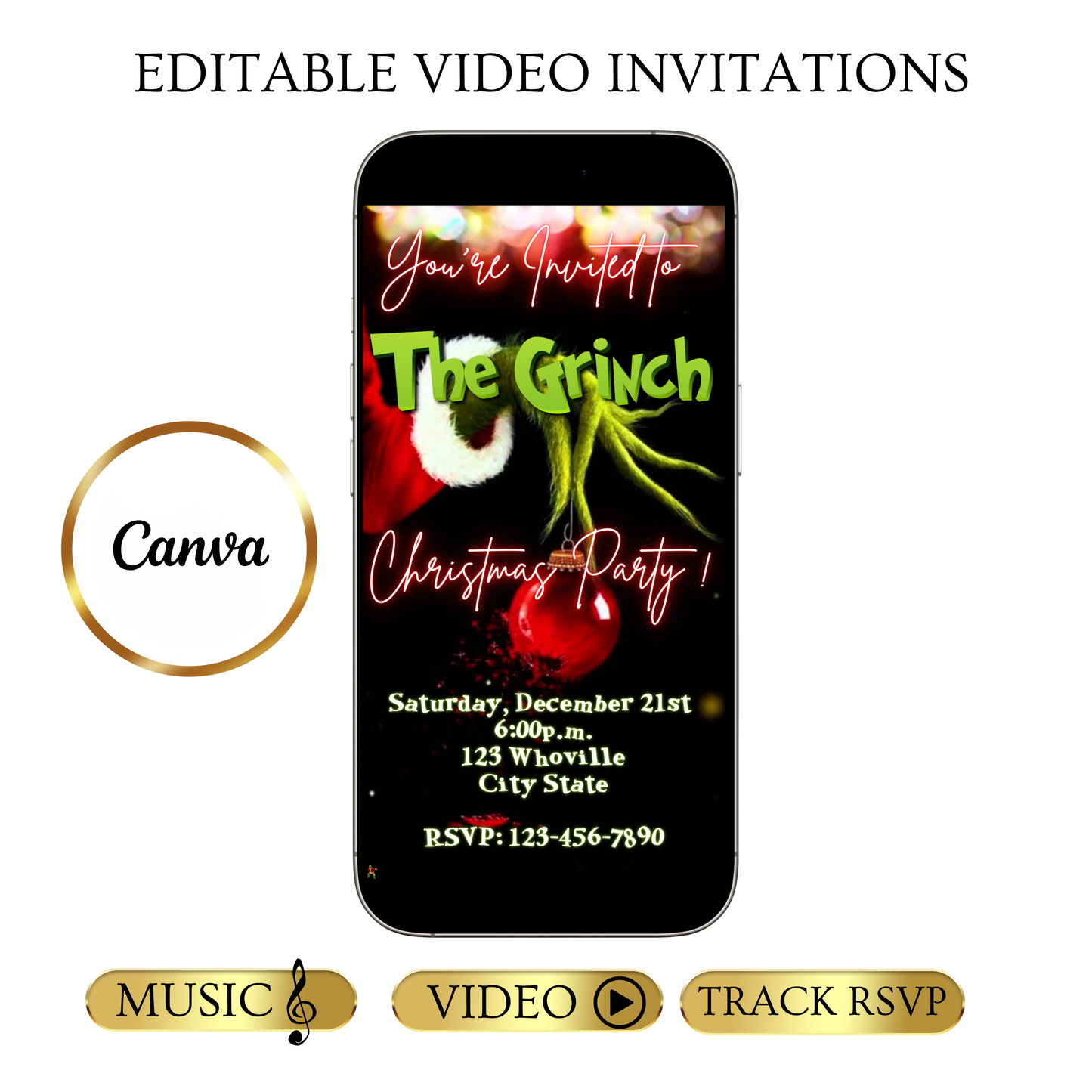 The Grinch Video Invitation | Digital Christmas Invite | Editable Canva Template